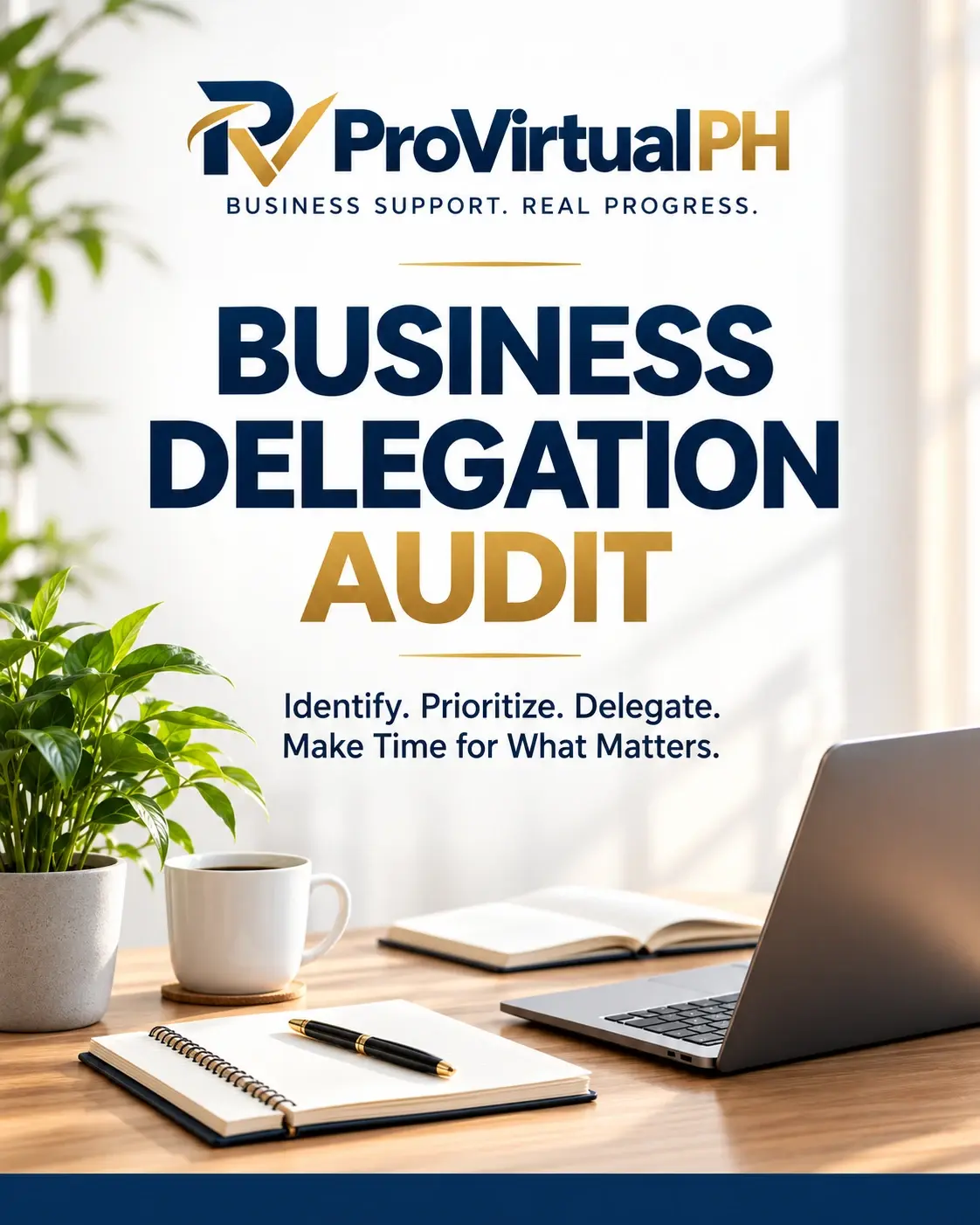 Cover of the Business Delegation Audit workbook from ProVirtual PH: “Identify. Prioritize. Delegate. Make Time for What Matters.” over a bright desk with a laptop, notebook and plant.