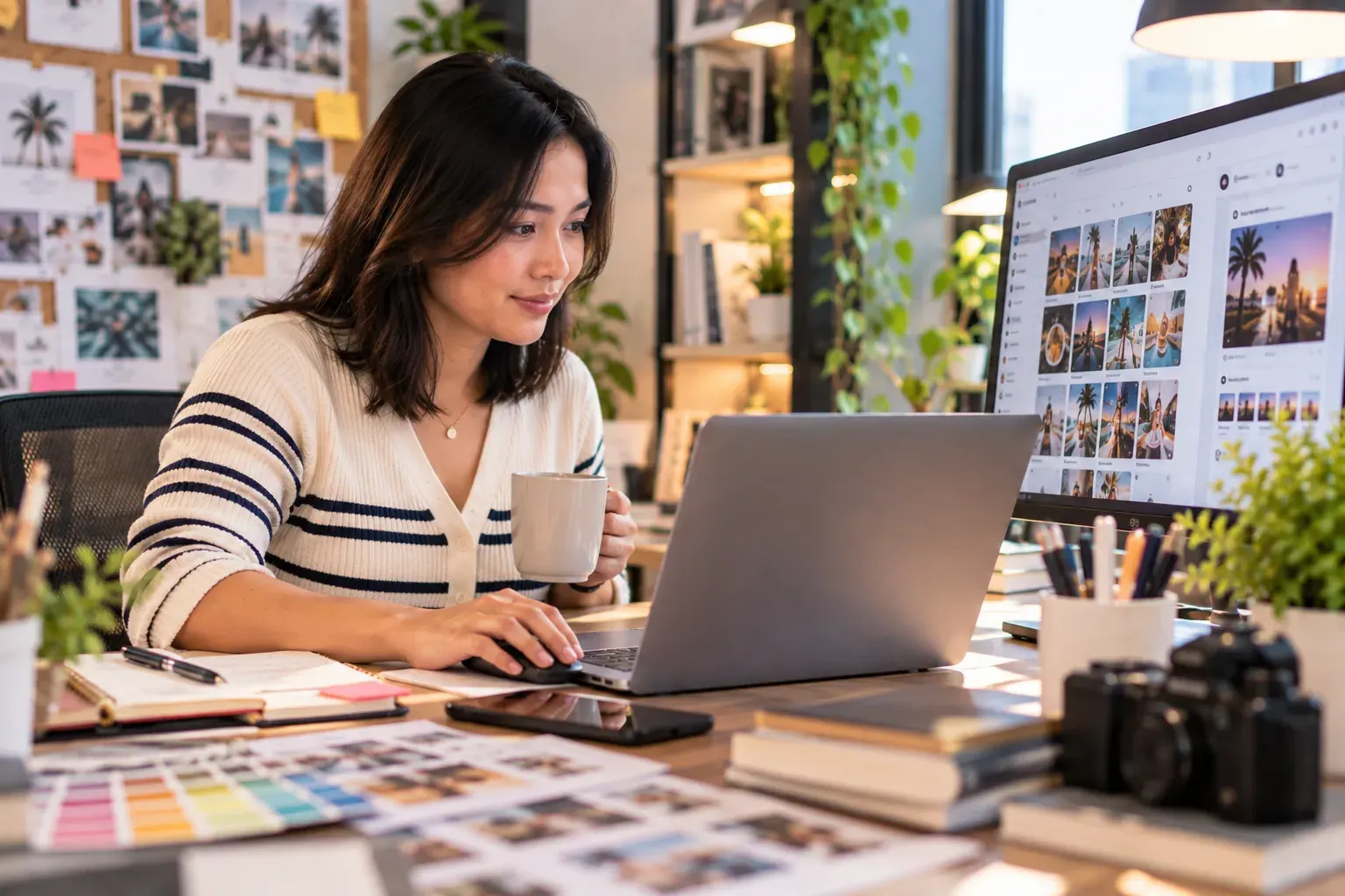 A woman with a cup of coffee planning content at a laptop, with color swatches, printed photos and a mood board around her.