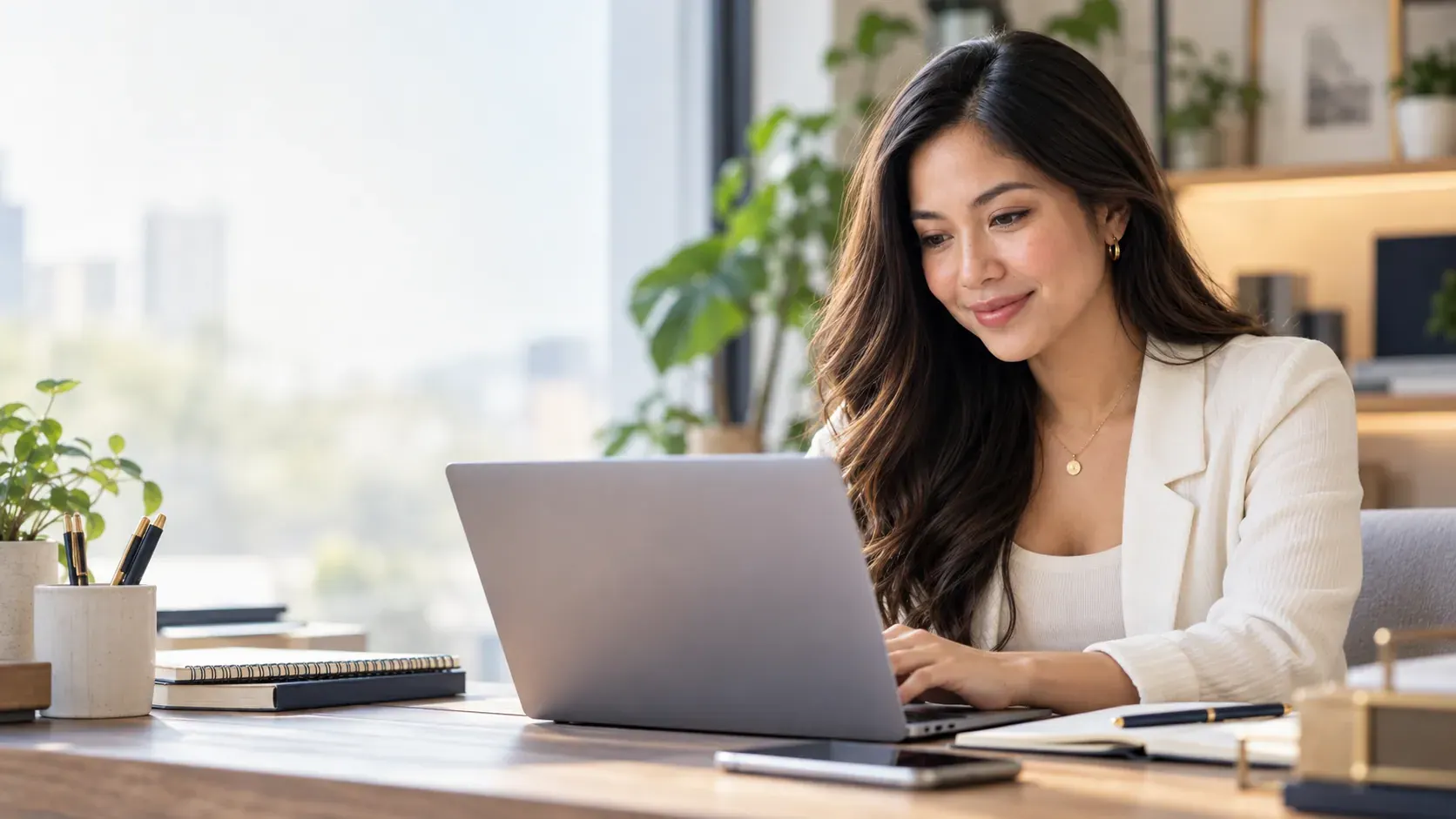 A smiling woman typing on a laptop at a sunlit desk with plants and a city view behind her.