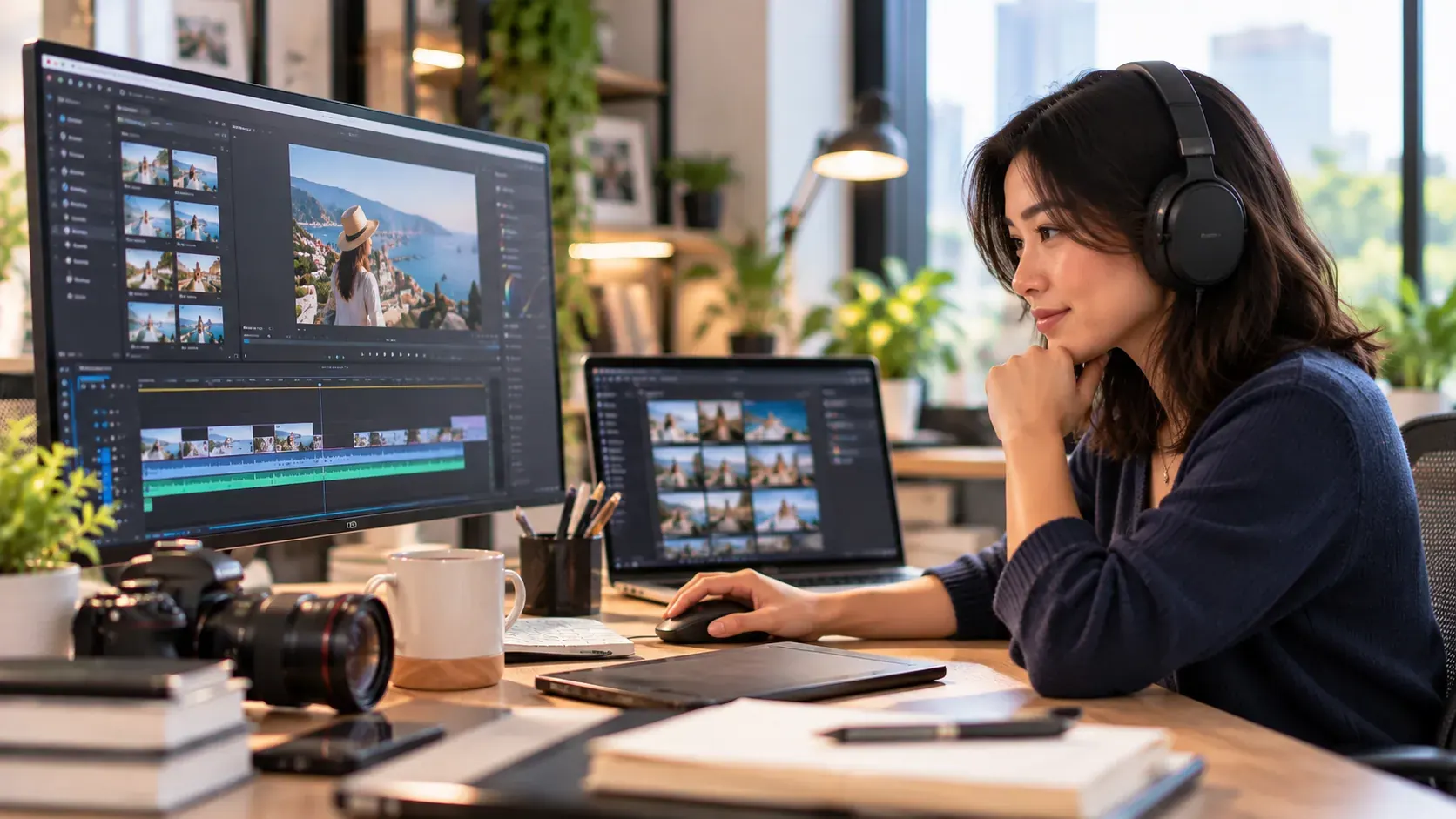 A woman wearing headphones, chin resting on her hand, studies footage on screen at a desk with a laptop and notebook.