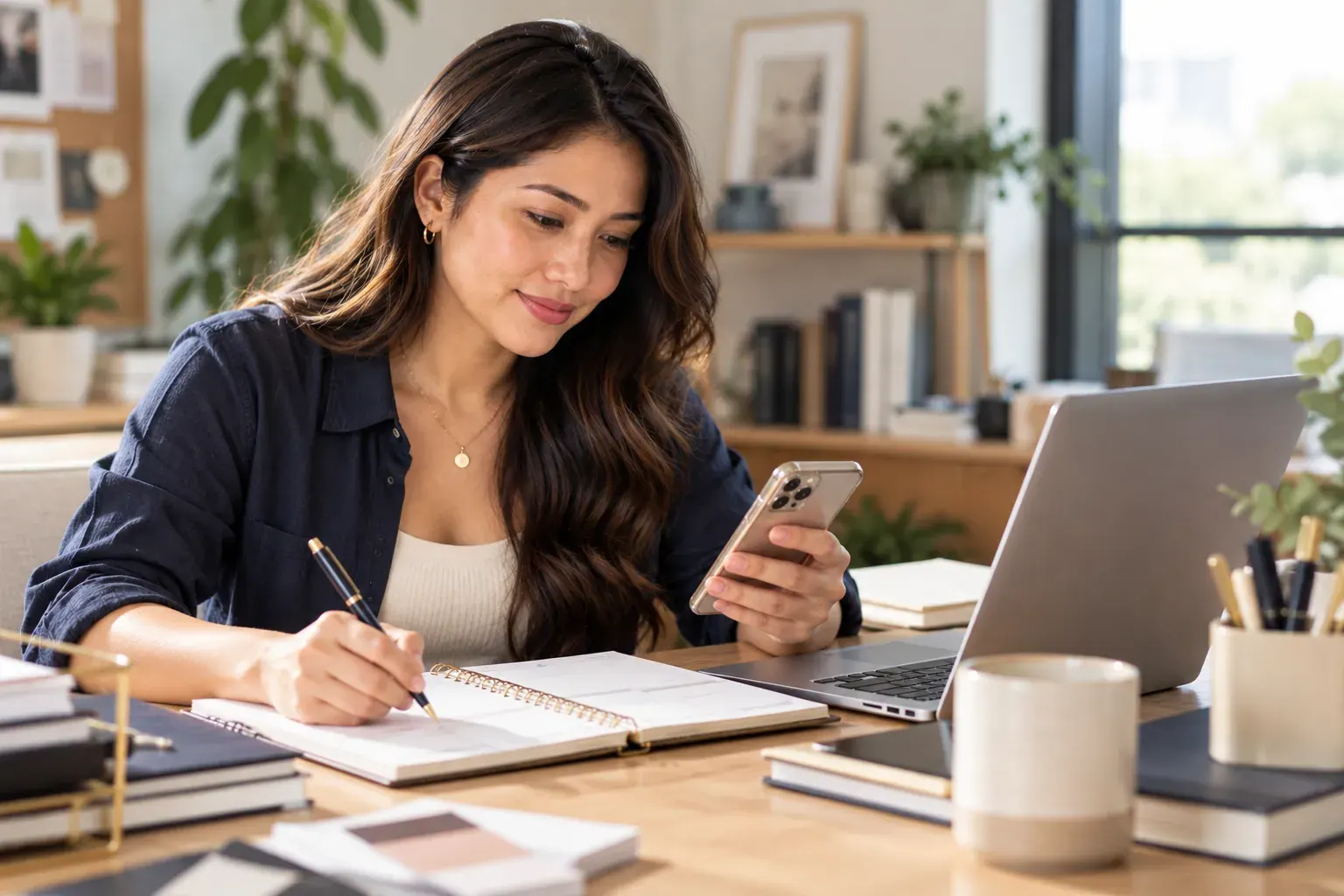 A woman writing in a notebook while holding her phone at a desk with a laptop and coffee.