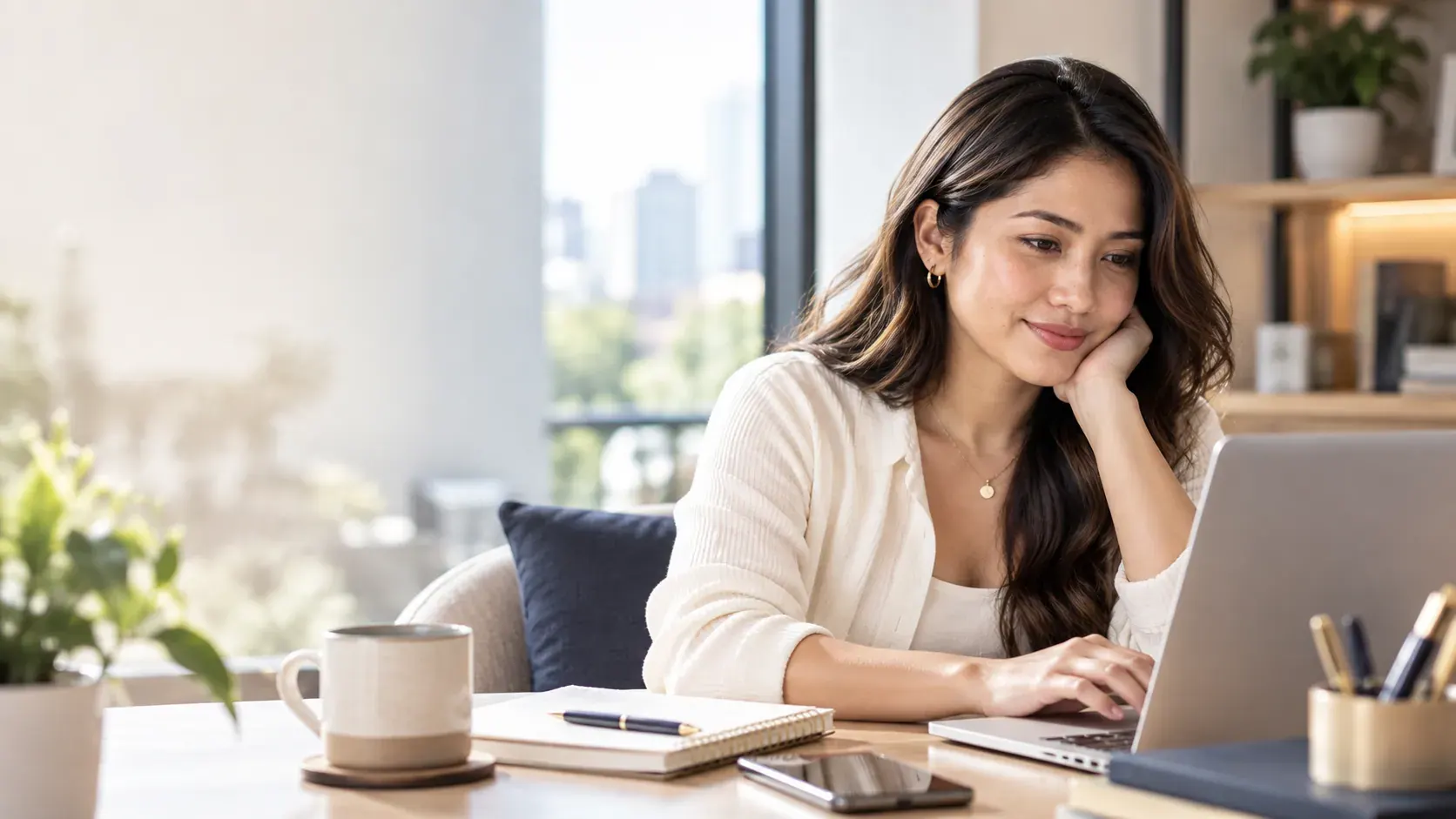 A woman resting her chin on her hand while working on a laptop at a bright desk with a notebook and coffee.