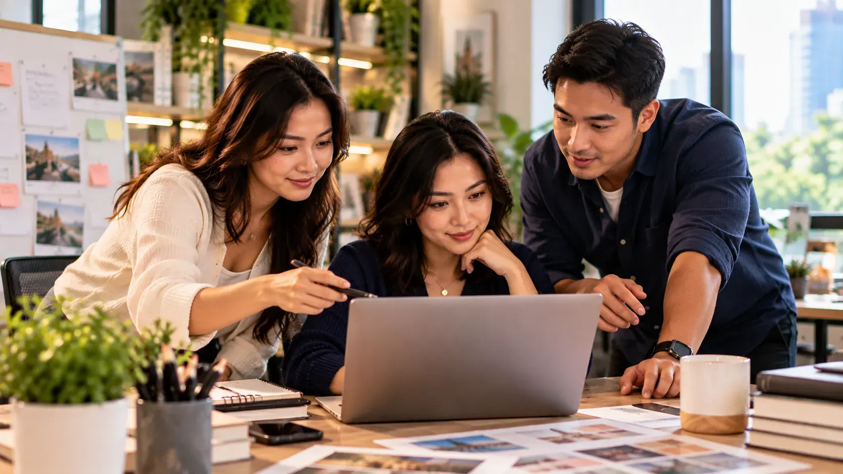 Three people gathered around a laptop, reviewing work together at a shared desk.